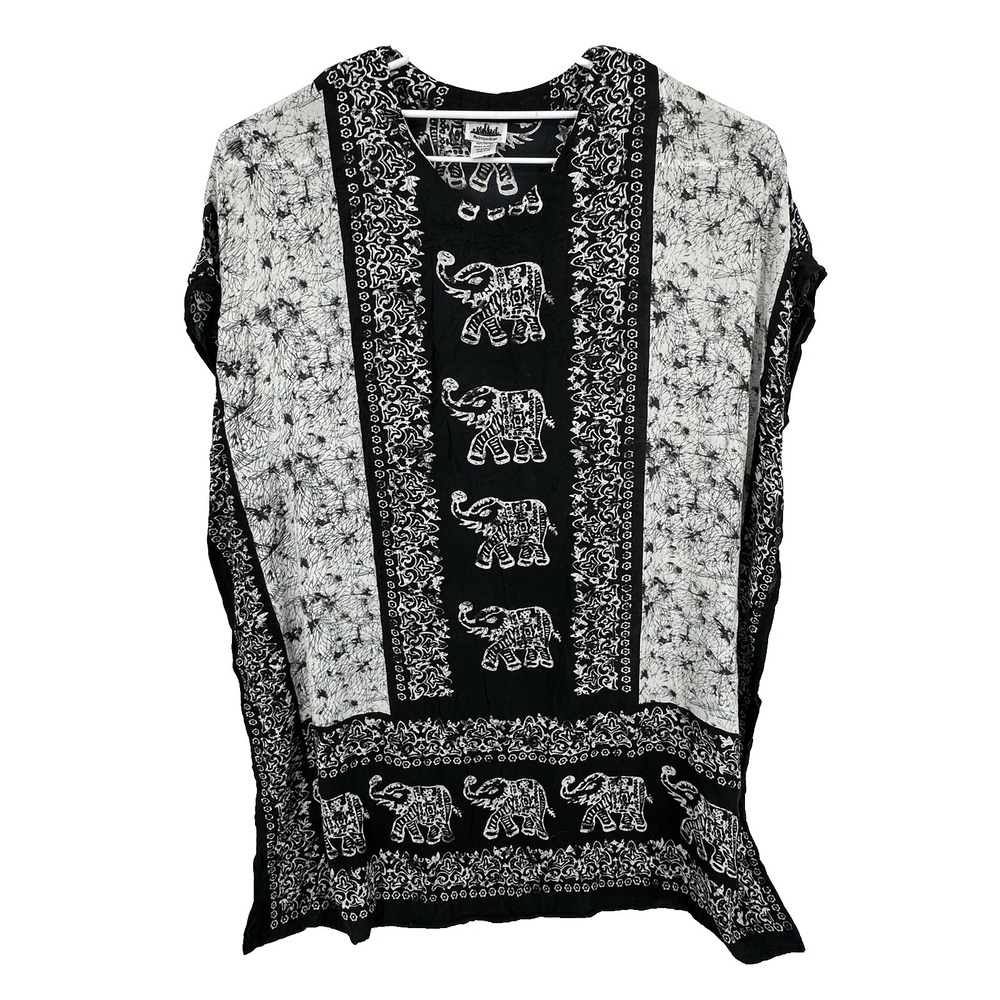 Metropolitan short sleeve black maxi dress muumuu tribal elephants  Rayon OS